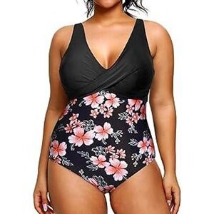 Women's Plus 22W Black Floral Blouson One Piece Swimsuit Tummy Control